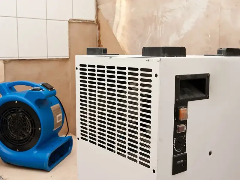 Air mover and dehumidifier drying a room with the lower drywall cut away