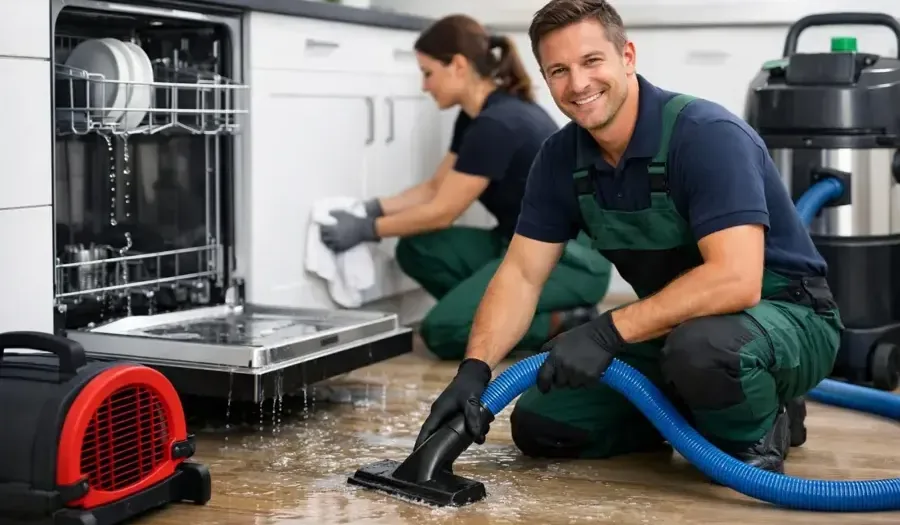 Two technicians extracting water from a kitchen floor beside an open dishwasher