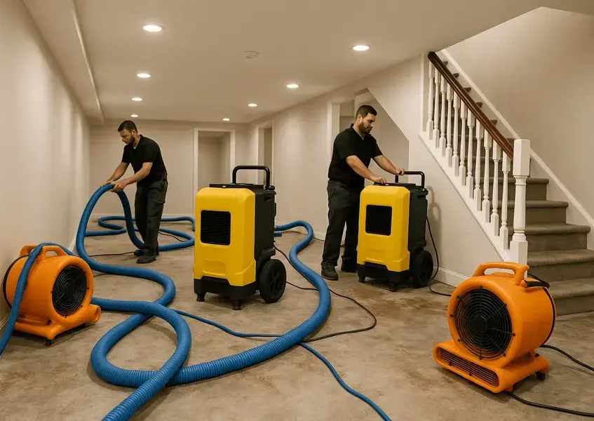 Two restoration technicians setting up air movers, dehumidifiers and extraction hoses in a home