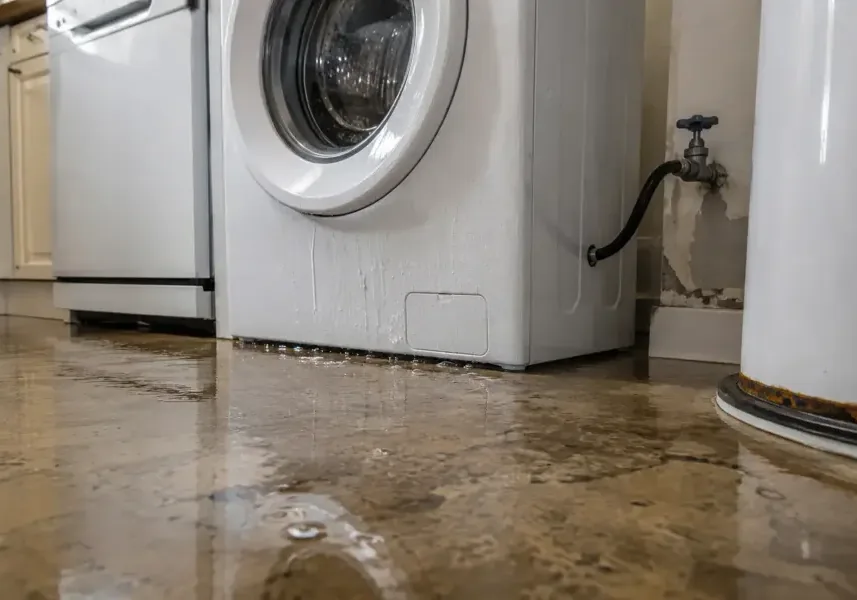 Water pooling on the floor beside a washing machine after a supply line leak