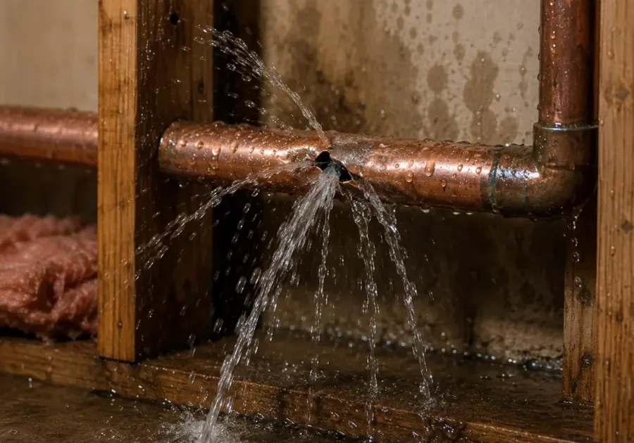 Water spraying from a burst supply pipe inside a home