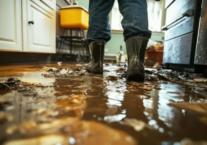 Rubber boots standing in dirty sewage water on a kitchen floor