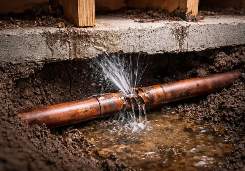 Copper water pipe leaking at the edge of a concrete slab foundation